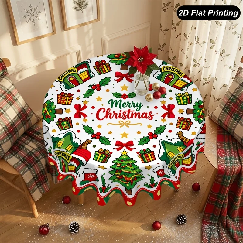 A 1-piece round Christmas tablecloth, Merry Christmas Town is the perfect decoration for your table and home environment.