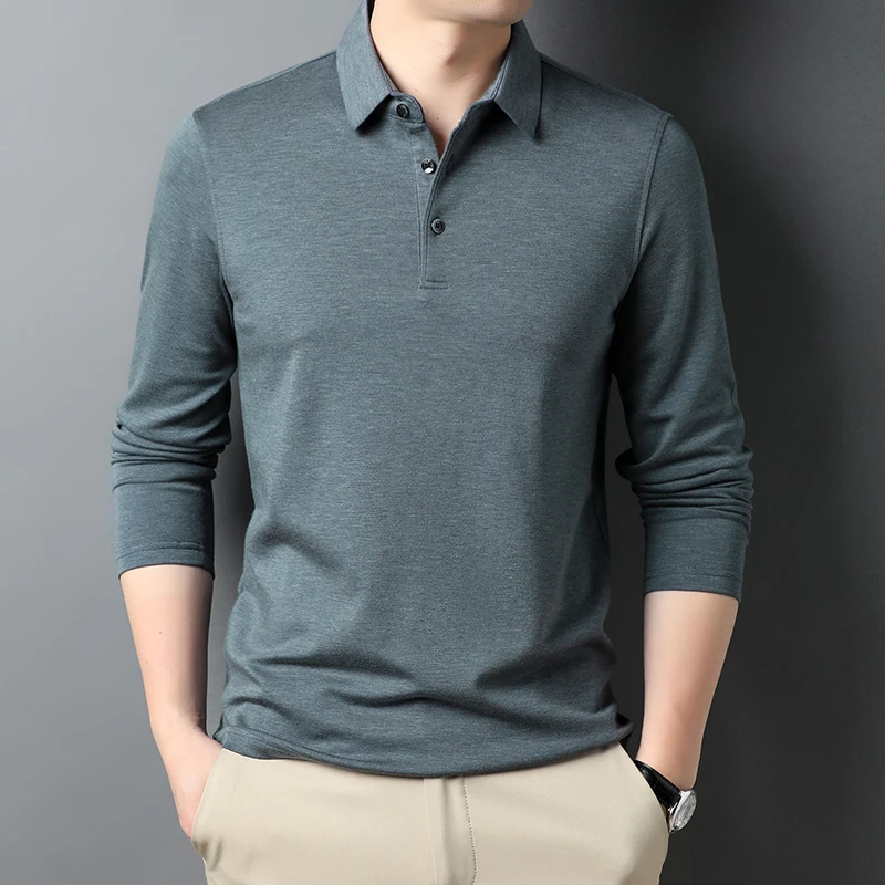 

New Wool Men's Polo Shirts Luxury Long Sleeve Solid Color Casual Man Polo Shirts Spring Autumn Simple Classical Male Tees 3XL