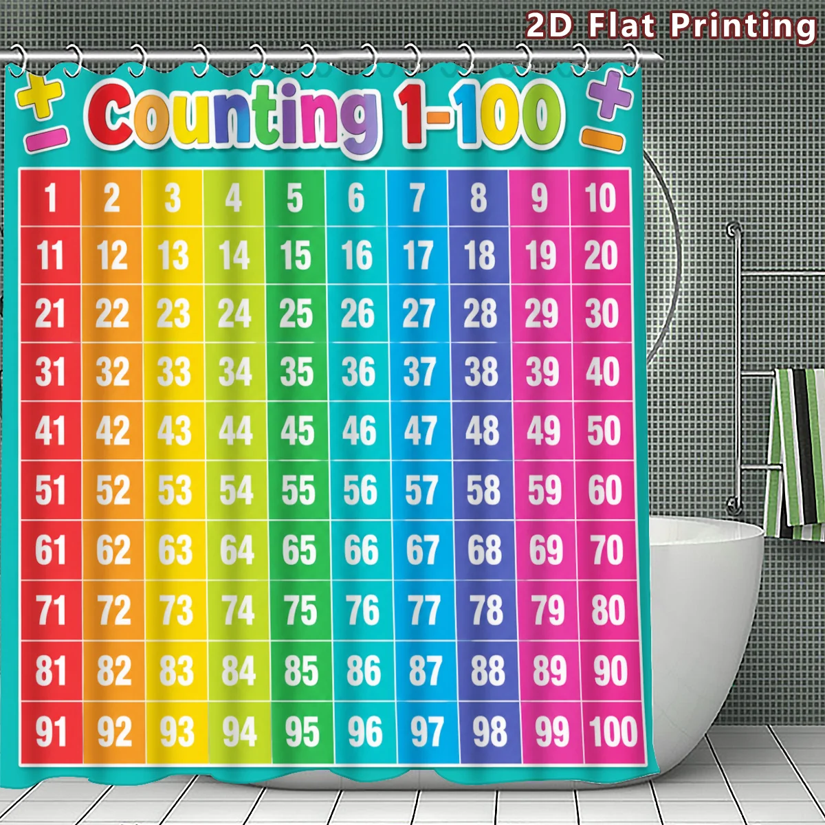 Kids Counting Numbers Bath Shower Curtain 1 to 100 Educational Bathroom Decor for Toddlers Preschool Classroom Fun