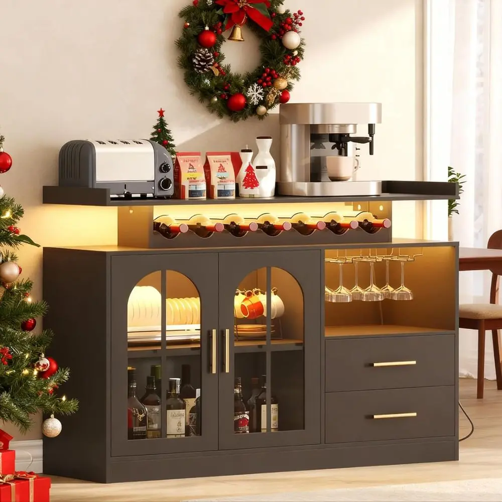

Wine Bar Cabinet with LED Lights & Charging, Modern Liquor Cabinets with 2 Ample Storage Drawers, Wine and Glass Rack, Coffee Bu