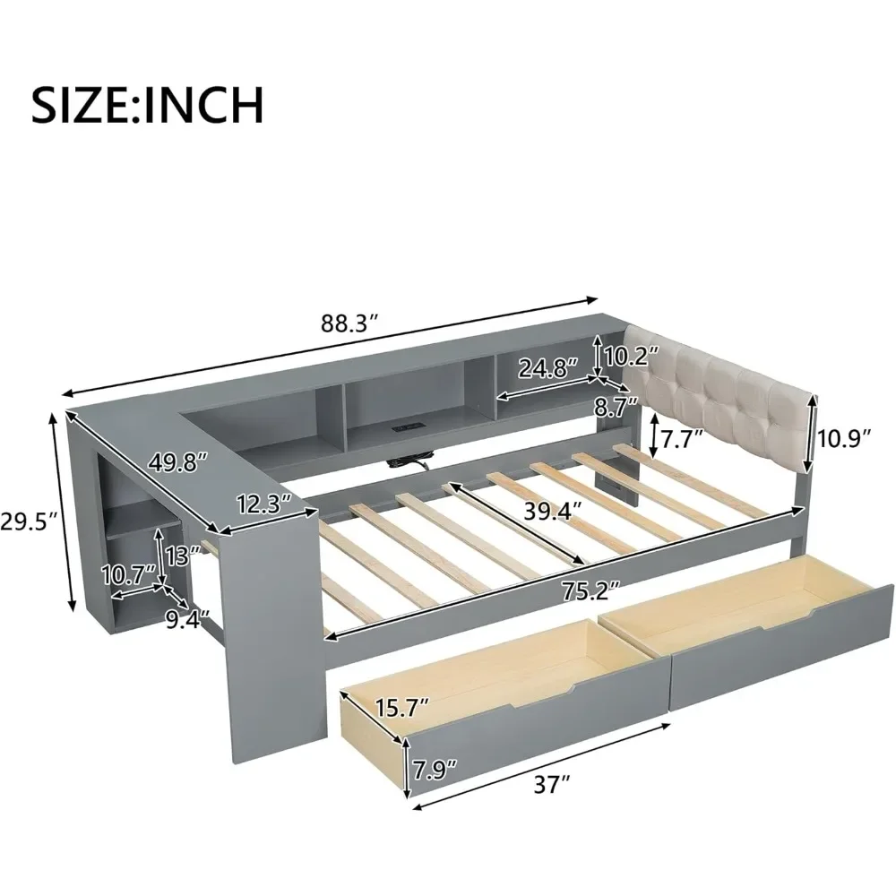 

Captain Daybed with L-Shaped Bookcase, with Charging Station, Twin Size Corner Bed Frame with Storage Drawers and Desk