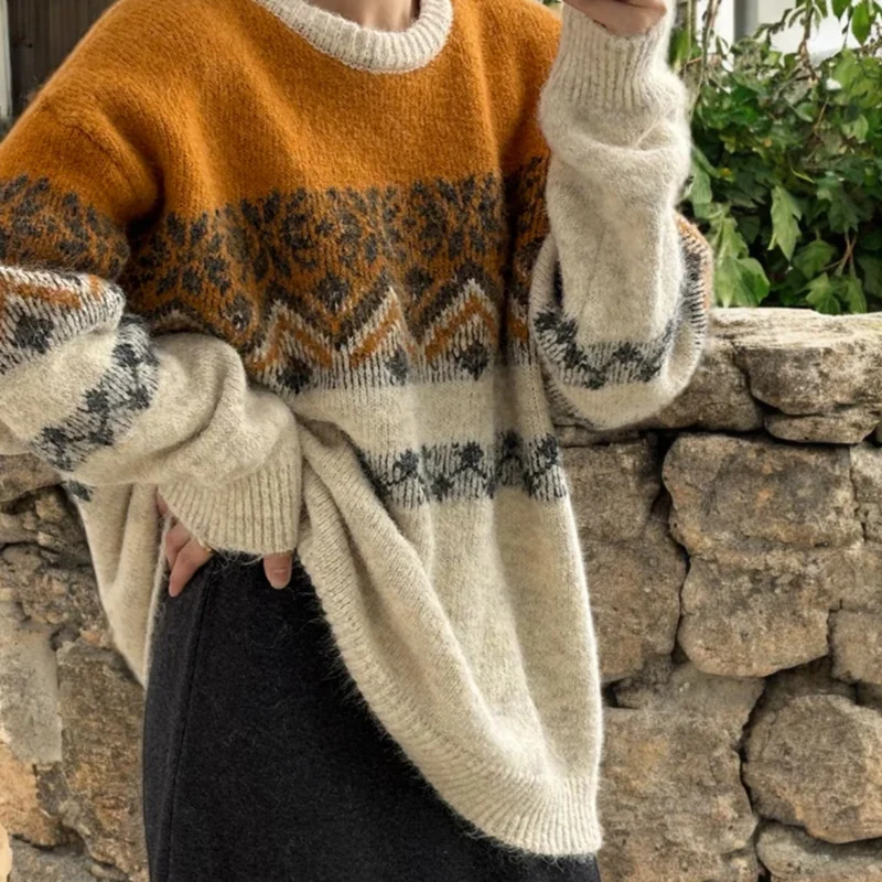 

Высококачественный теплый жаккардовый свитер с круглым вырезом для женщин, удобный повседневный зимний трикотаж, идеальные подарки в винтажном стиле на осень