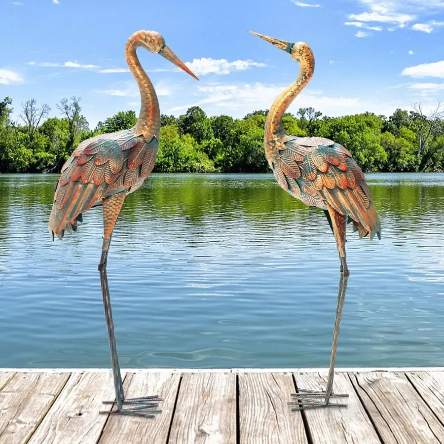

Crane Garden Statues Set of 2 Standing Metal Crane Sculptures Bird Ornament Yard Decorations for Lawn Backyard Porch Patio Outd