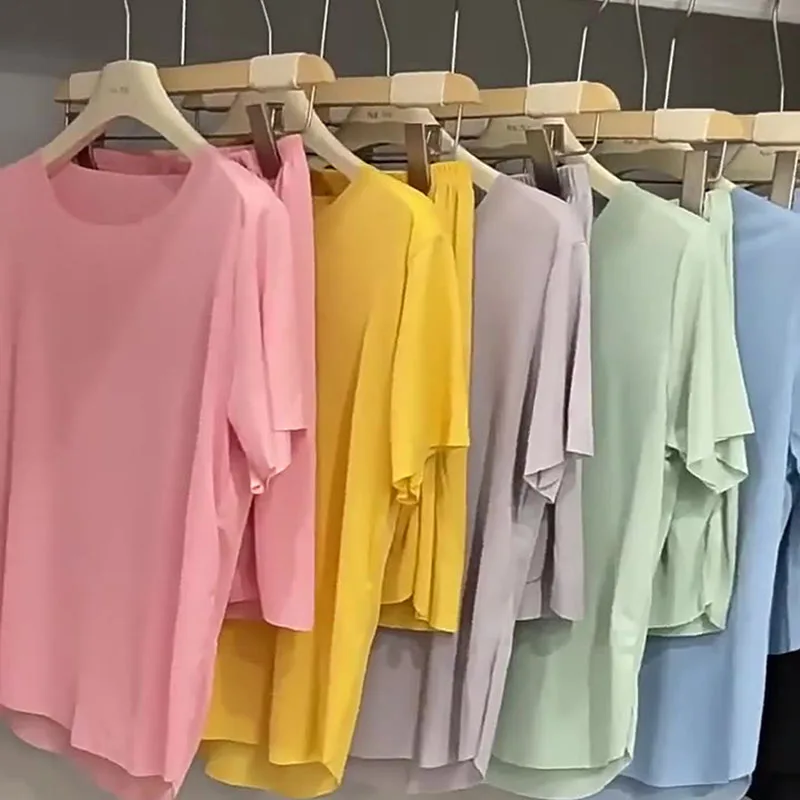 Conjunto de ropa de dormir de seda de hielo para mujer, ropa de dormir Sexy, pantalones cortos simples de manga corta, sólido, ropa de casa