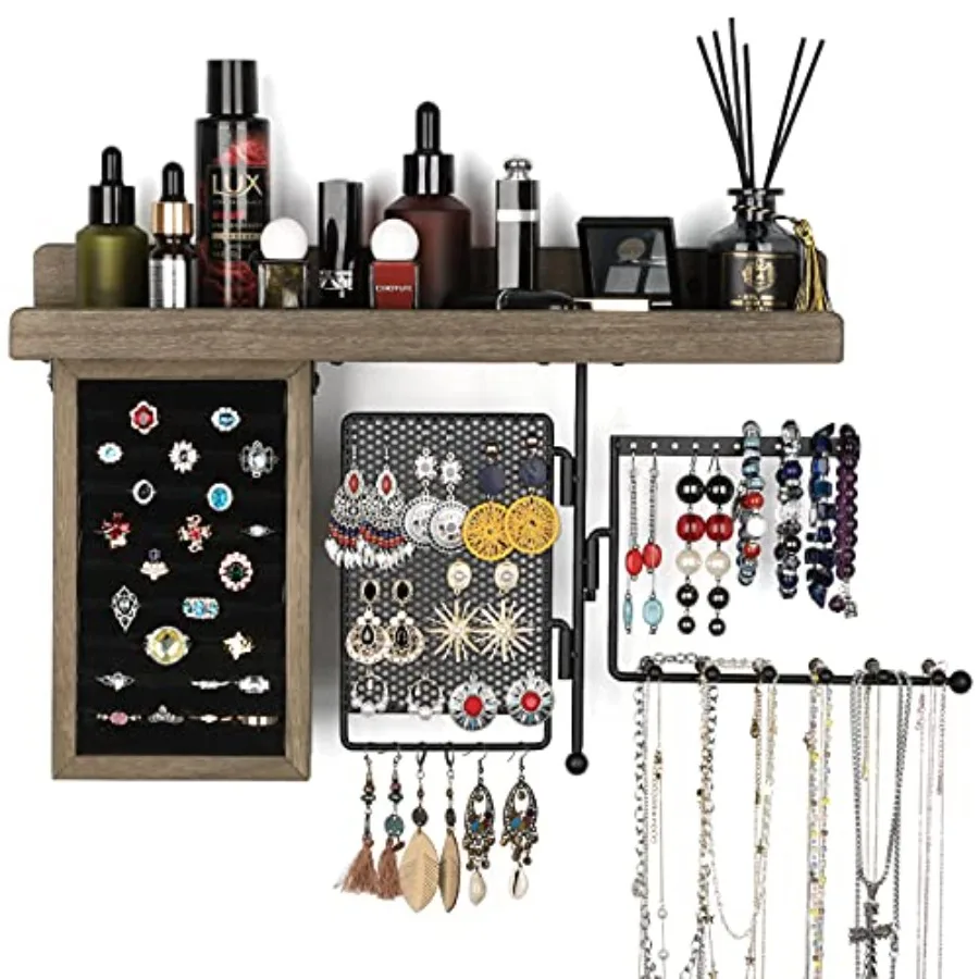 

Подвесной органайзер для ювелирных изделий, настенный держатель с деревенской деревянной полкой, коробка для демонстрации колец, шпильки для ушей, держатель для сережек, вращающееся ожерелье