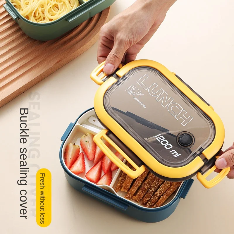 

Lunch Box Double-Layer Compartment With Fork Spoon Handle Snap Bento Box Portable Container 1200ML Food Storage Dinnerware Set