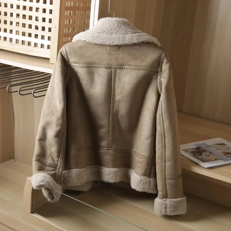 Winter Women Thick Warm Suede Lamb Jacket Short Motorcycle Brown Coats Faux Shearling Sheepskin Leather Jackets Outwear