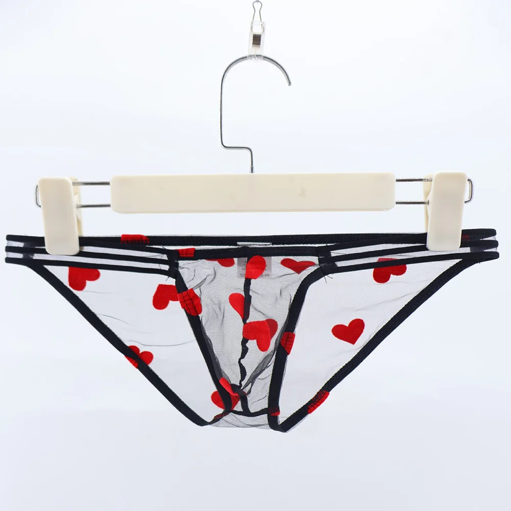Men Sexy Mesh Sheer Briefs See Through Underwear Heart Printed Panties Soft Breathable Ultra-Thin Underpants Quick Dry Lingerie