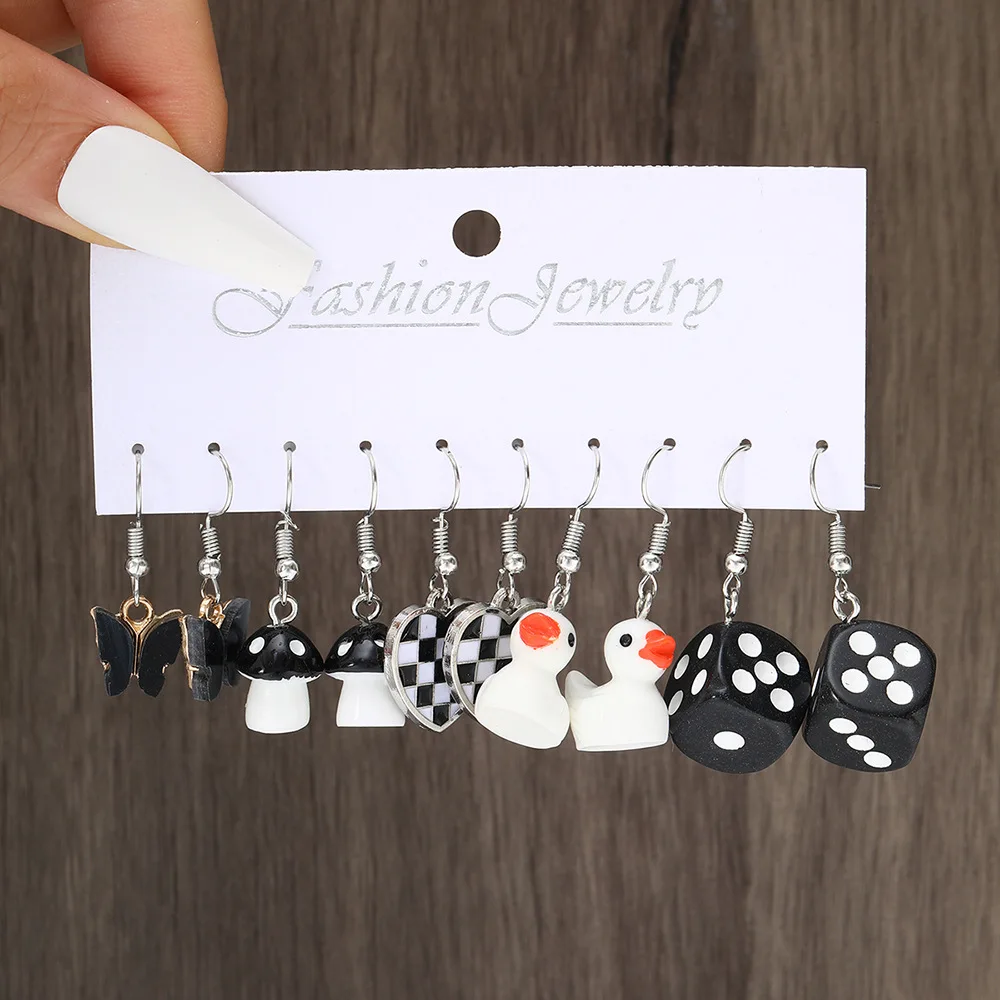 5Set New Personalized Creativity Black Love Butterfly Mushroom Dice Duck Acrylic Fashionable Trendy Earrings Five Pair Set