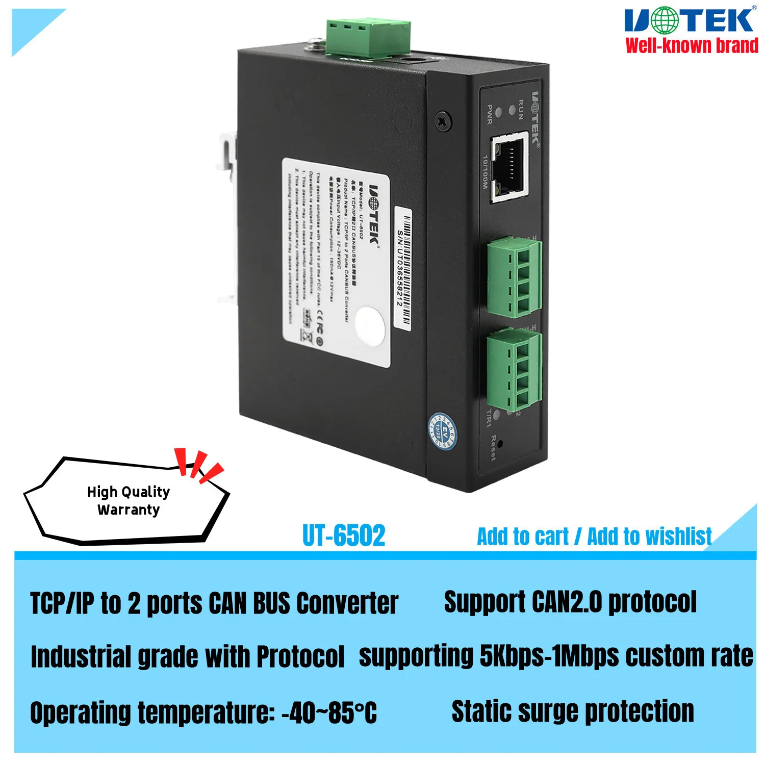 

UOTEK Industrial 100M CAN BUS to Ethernet Converter with Protocol RJ45 TCP IP to 2 Ports Canbus Adapter Connector UT-6502