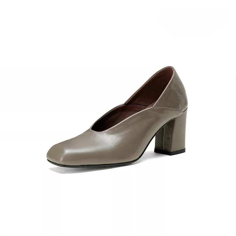 European American Style Shallow Mouth Fashion High Heels Women's Leather Shoes Female Square Toe Genuine Leather Pumps