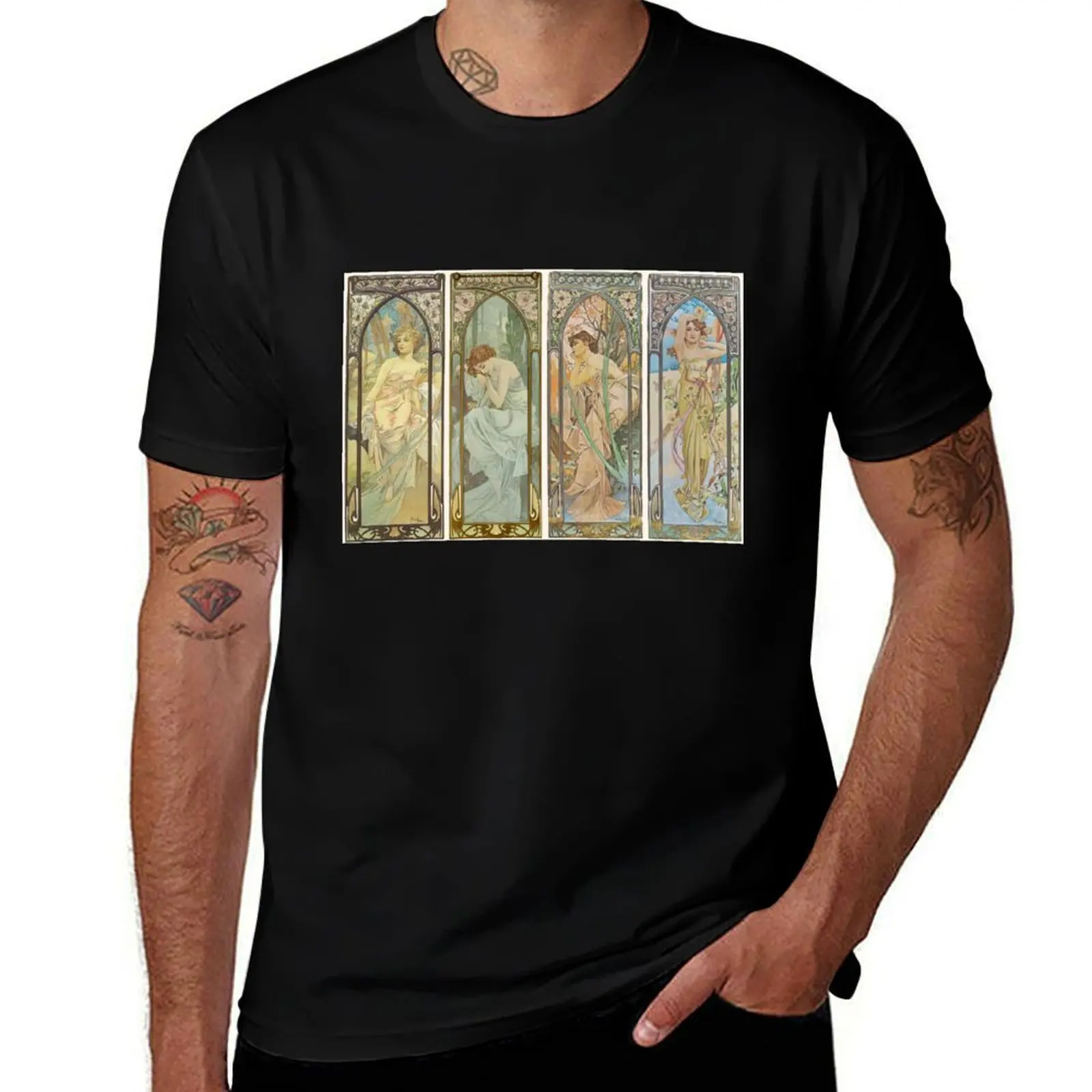 HD. The times of the day (1899) serie Alphonse Mucha HIGH DEFINITION T-Shirt Summer Fashion Casual Tee Shirt T-Shirt