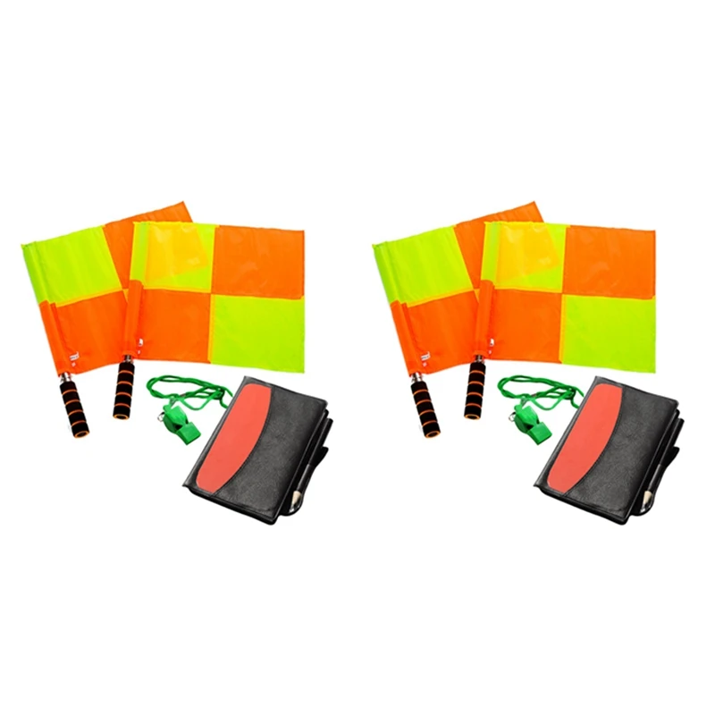 

2X Soccer Referee Kit Football Checkered Soccer Flags Wallet Notebook With Red Yellow Card And Whistle