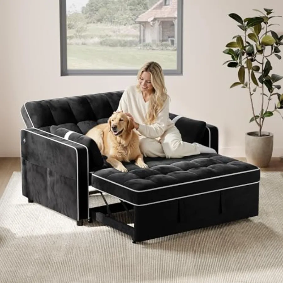 3 in 1 Sofa Bed Convertible Sleeper Sofa with USB Ports for living room, microfiber fabric, gray, easy conversion and built-in