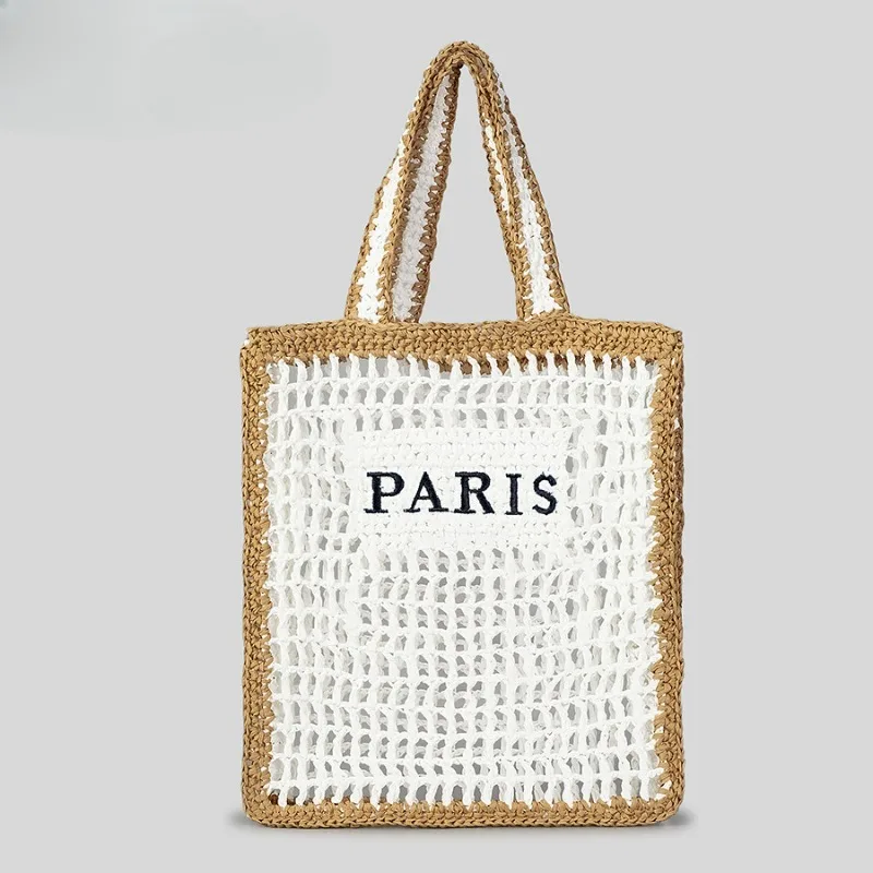 

2024 Handmade woven handbag women with hollowed out embroidery letters contrasting colors large capacity grass beach vacation