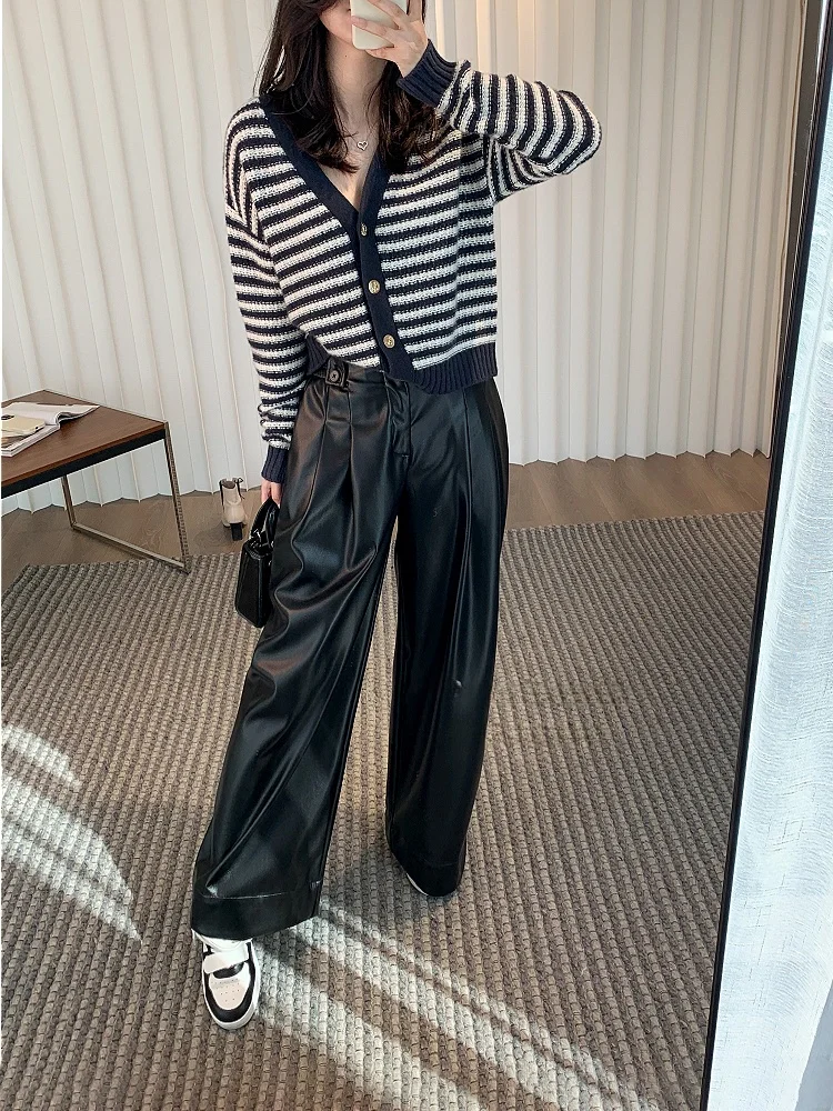 

Женские кожаные брюки THOEY CHEN с высокой талией, широкими штанинами, свободного кроя, в пол, для осени и зимы