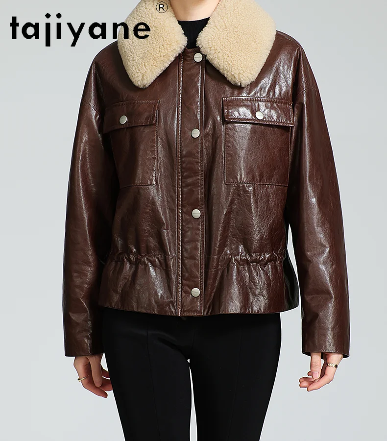 TAJIYANE جلد الغنم الحقيقي الأبيض أوزة أسفل معطف امرأة الصوف طوق سترة جلدية حقيقية معاطف الشتاء القصيرة 2025 ملابس حريمي كورت #4