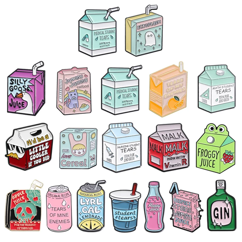 Cartoon Trinken Box Emaille Pins Kreative Milch Box Limonade Glücklich Apfel Saft Metall Broschen Revers Abzeichen Schmuck Geschenke Für Freunde