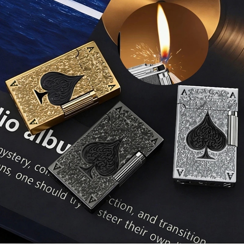 

New Fashion Metal Side Pulley Steel Sound Inflatable Lighter Ace Spades Poker Outdoor Portable Lighter Men's Gift