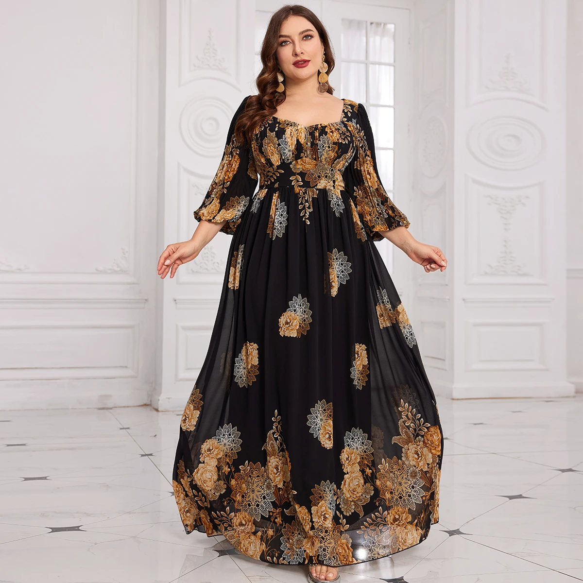 

UNITHORSE Плюс Размер Случайный Крой Цветочный Принт Круглый Вырез Рукав-фонарик Миди Шифон Элегантное Платье Повседневные Цветочные Платья для Женщин