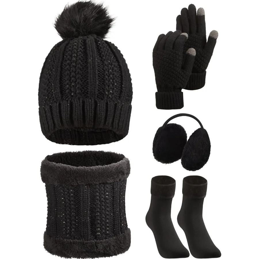 Set di guanti sciarpa per cappello invernale da 5 pezzi con fodera in pile per la stagione fredda: guanti caldi per touch screen e paraorecchie per cappello a cuffia lavorato a maglia