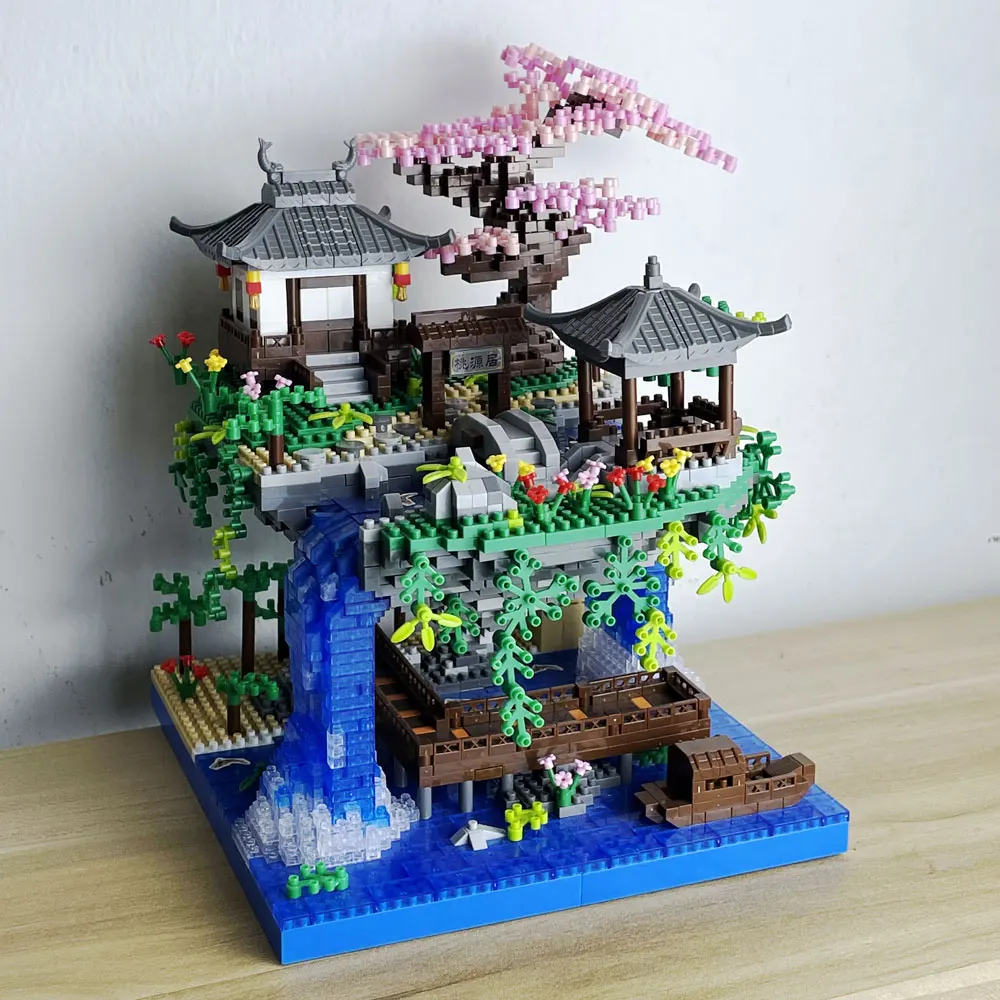 Mikrostein-Set mit Taohuatan-See-Motiv und LED-Beleuchtung: Kreatives Spielzeug für Erwachsene, klassische chinesische Landschaft, einzigartige Nachtanzeige – Detail 3