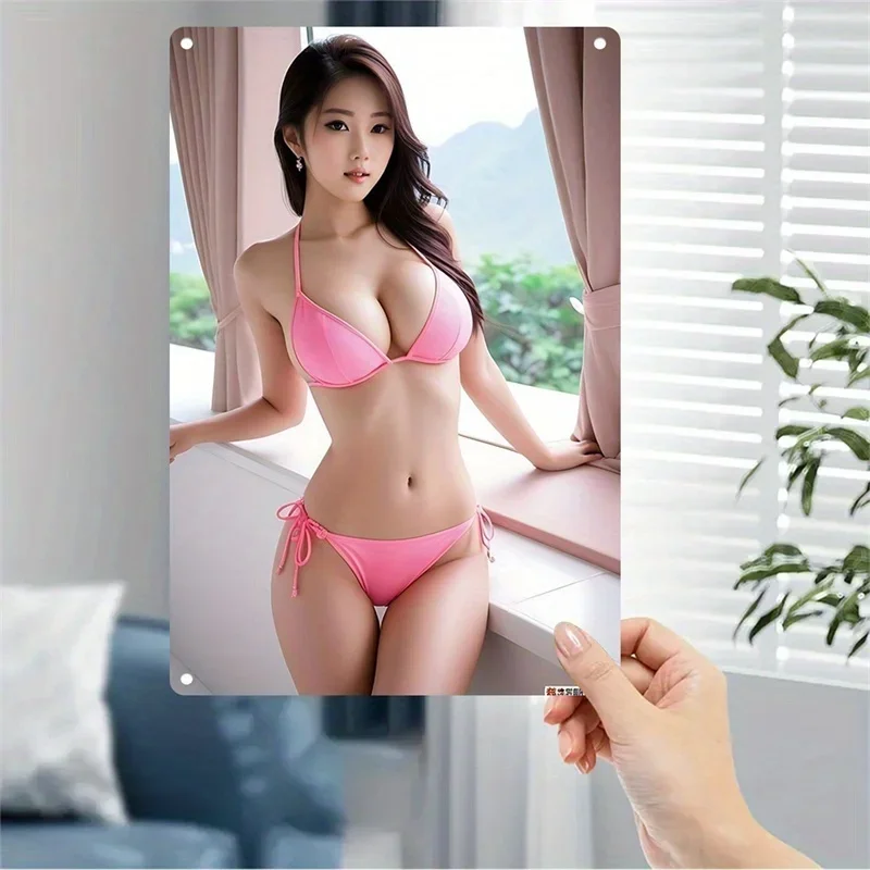 Metal Bikini Girl Wall Art, Pink 2D Poster with Frame, Durable Iron Sign for Home Bar Cafe Decor, Modern Housewarming Birthda