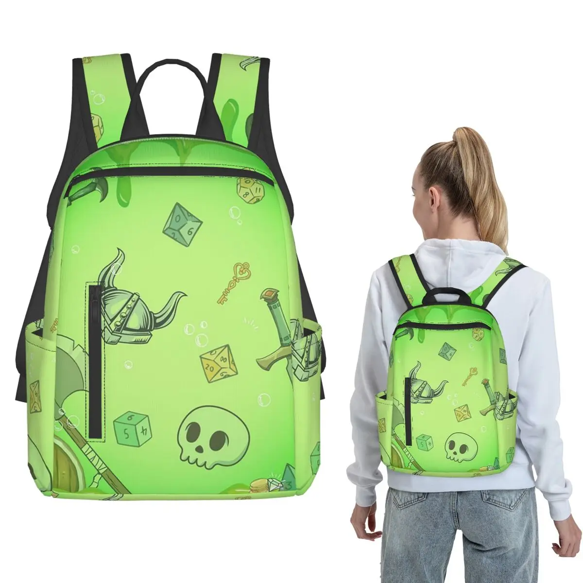 GELATINOUS CUBE Green Ooze Dnd Monster, Dnd Dice, Skull, Loot, Axe And Sword Boys Girls BookBag School Bag Shoulder Bags