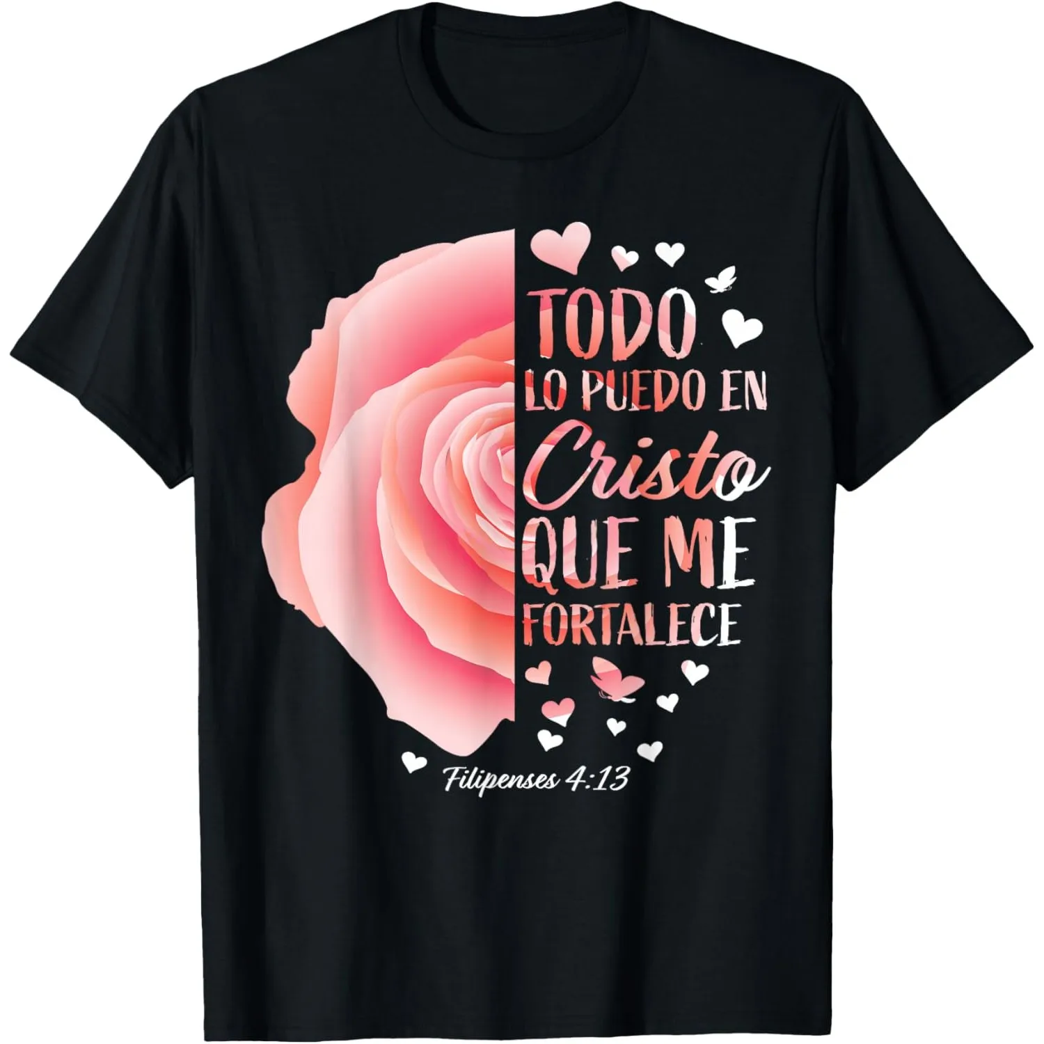 Spanish Bible Verse Rose Graphic Tee Religious Print Cotton Crewneck T-Shirt for Men