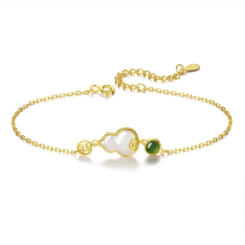 New Chinese-style Fulu Hulu S925 sterling silver bracelet for women, traditional Chinese style, natural Hotan Jade bracelet