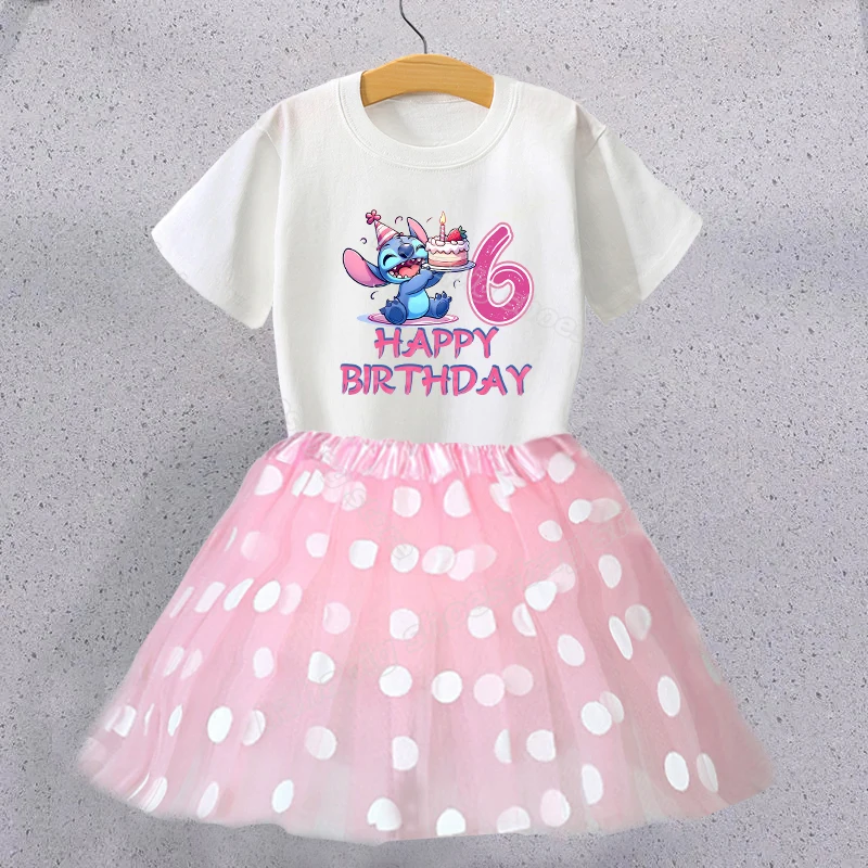 Lilo Stitch Birthday T Shirt Girl Clothes Set Cute Number Printed Tees+skirt Kid Clothing Outfit Polka Dot Skirts Tops 2pcs Suit