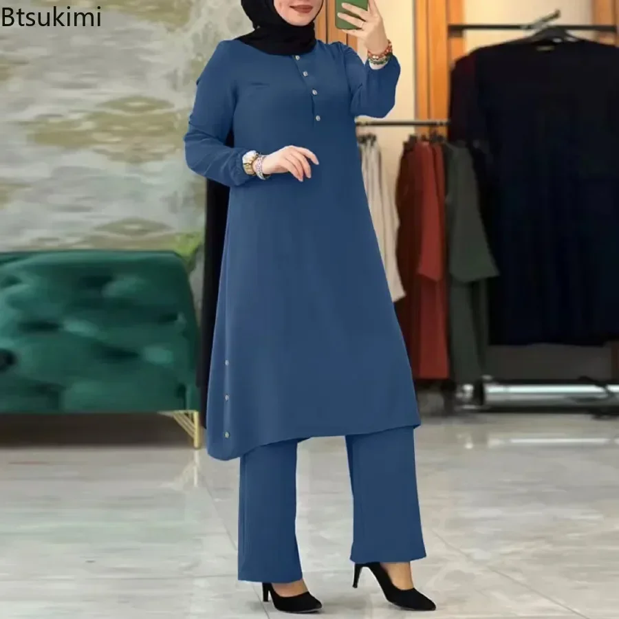 Arab Women Blouse Muslim Fashion Matching Sets Women\'s Elegant Tracksuit Casual Solid Shirt+Wide Leg Pants Suit Modest Clothing