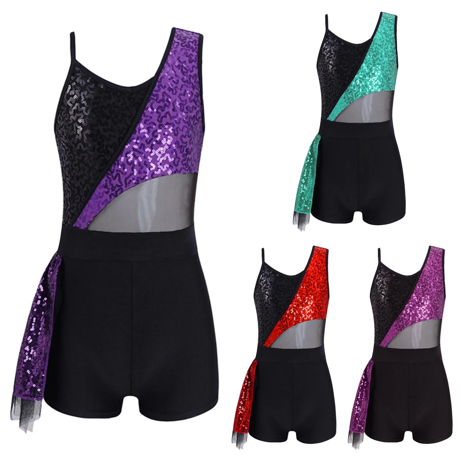 Kid Girls Sequins Ballet Dance Leotard Sports Gymnastics Workout Bodysuit Choldren Mesh Patchwork Jumpsuit Romper Dance Costumes