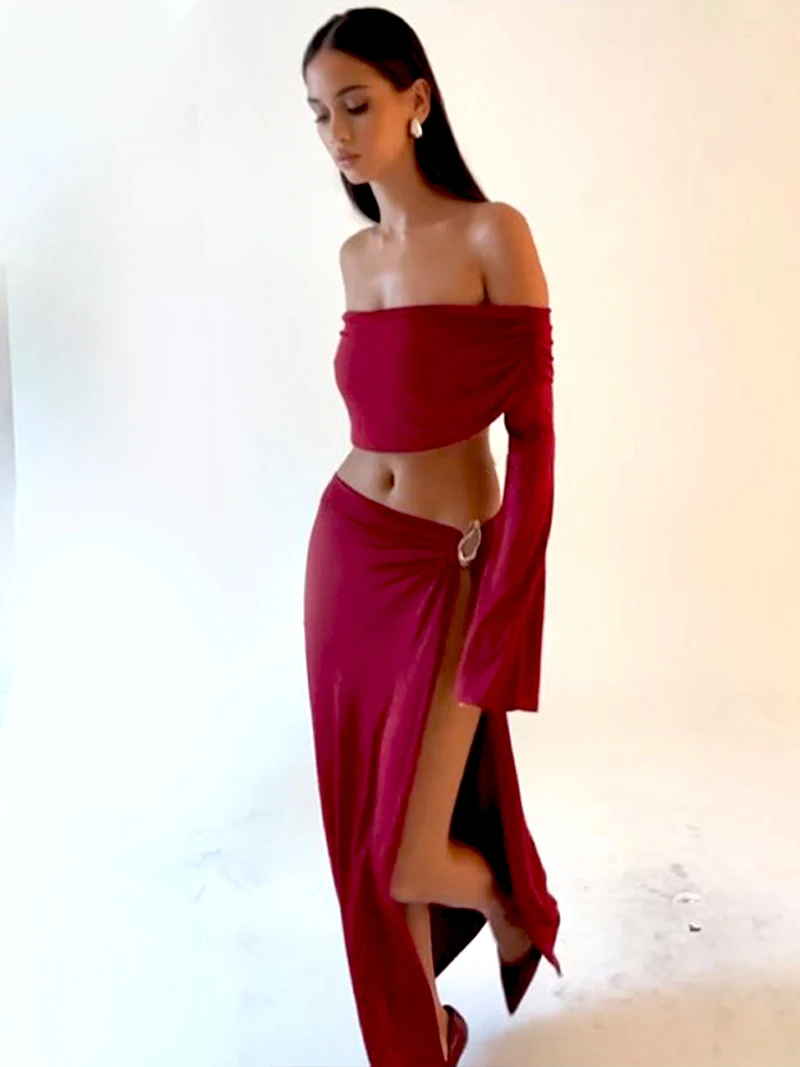 DGLUKE Sexy 2 Piece Skirt Set Women Off Shoulder Long Sleeve Crop Top And Maxi Skirt Night Club Festival Outfits Suits