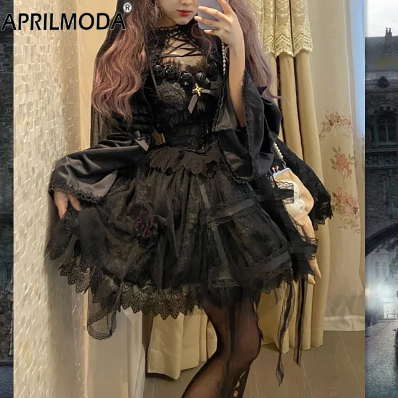 Abito Lolita in pizzo Kawaii in stile giapponese vittoriano gotico Vintage Girl Sweet Princess Holiday Party Robe Women Black Sling Dress