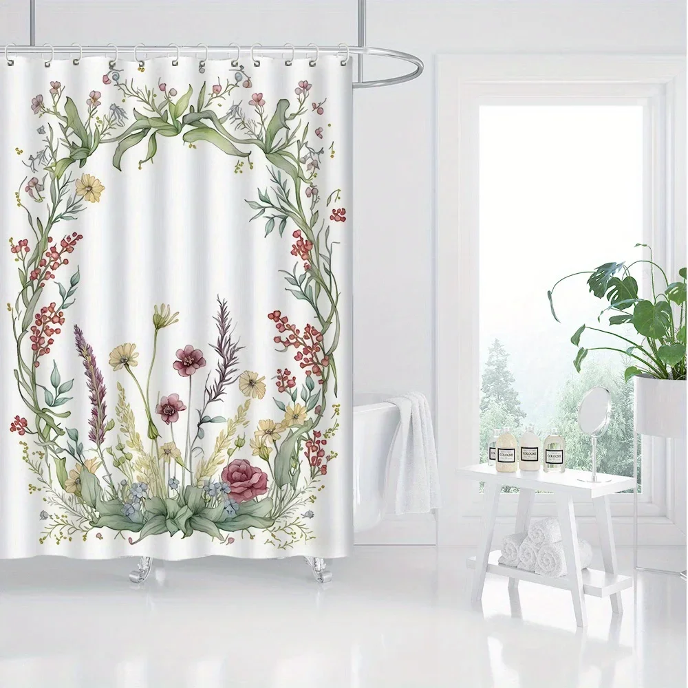 

~O~Polyester Shower Curtain - Floral Forest Garland, Roses & Daisies,Grommet Top, Artistic Botanical Design, Bath Decor