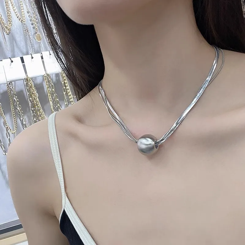 Three layer silver snake bone chain metal ball necklace female personality multi-layer sweater chain collarbone chain neck chain