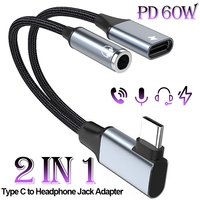 2 IN 1 OTG Elbow USB Type C to 3.5 mm AUX Jack Audio Headphone Adapter Splitter 60W Fast Charging for Samsung Xiaomi iPhone 15