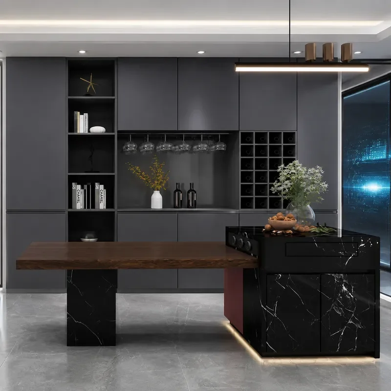 New Chinese Style Rock Slab Retractable Island Table Integrated High End Household Light Luxury Drop Leaf Multi Functional