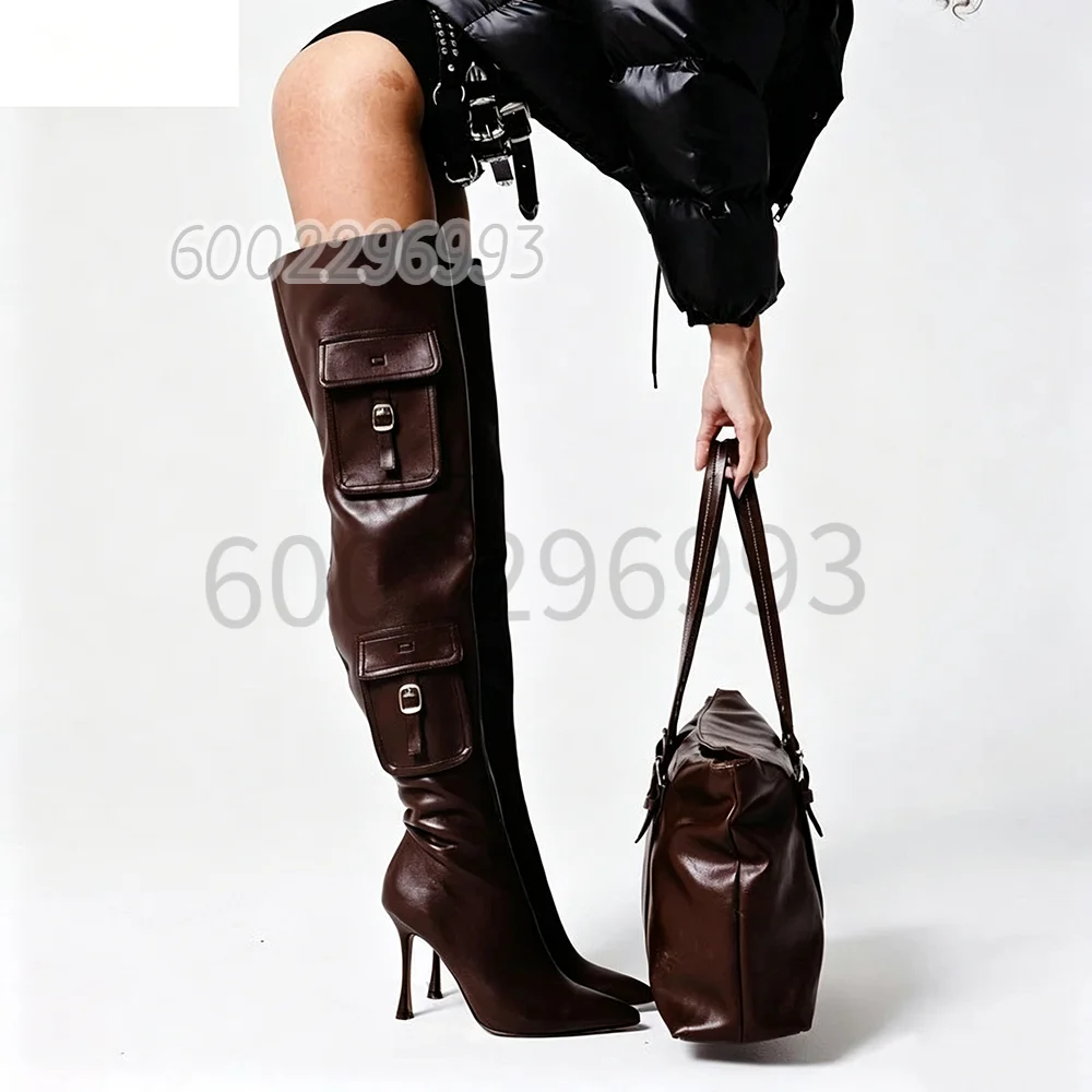 Pocket Design Over the Knee Boots Women Pointed Toe Stiletto High Heel Shoes
