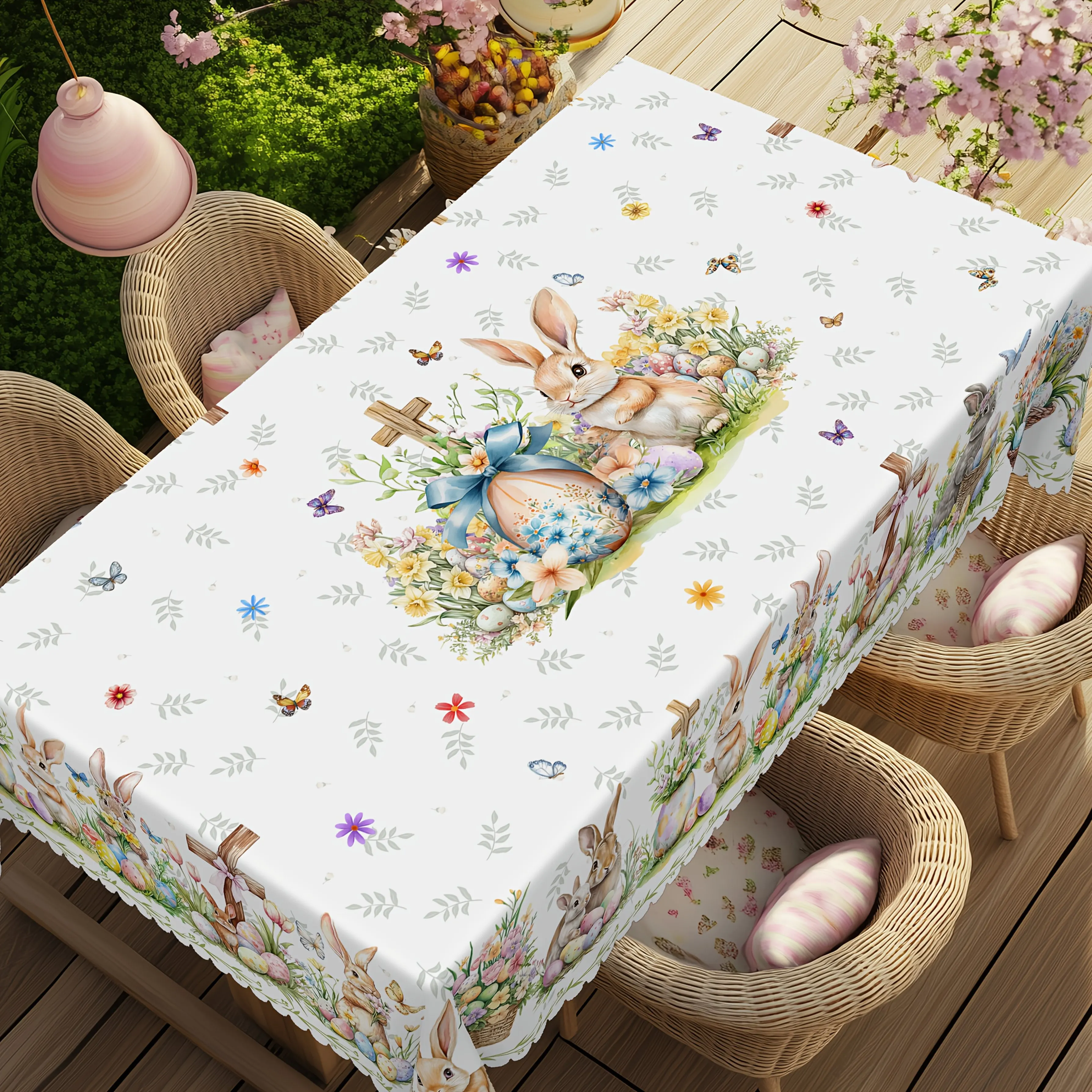 Easter Bunny Egg Floral Rectangle Waterproof Tablecloth Holiday Party Decor Reusable Kitchen Dining Tablecloth Easter Decoration