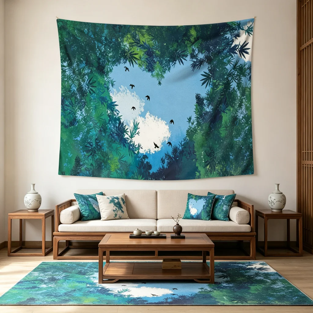1PC Bamboo Forest Sky Bird Ink Art Print Backdrop Banner, Bedroom Living Room Photo Background, Polyester, Home Decor, Wall Art