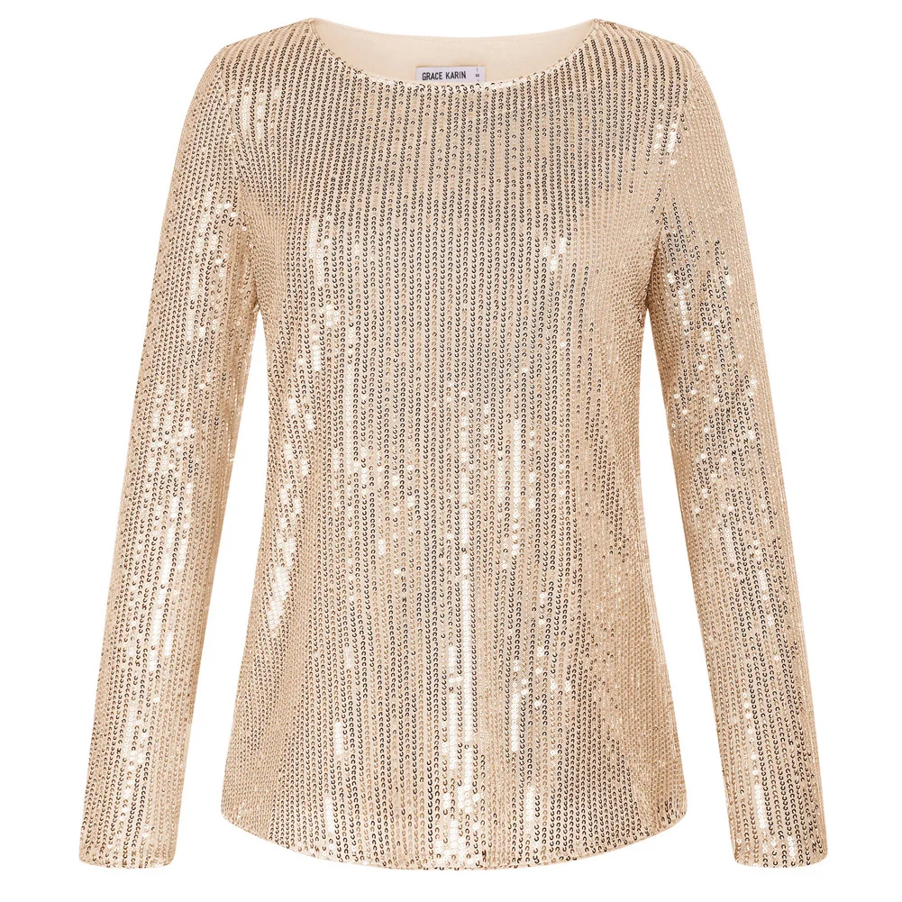 

GK Women Sequined Party Tops Long Sleeve Crew Neck Chiffon Patchwork Back Tops Shimmer Glitter Blouse