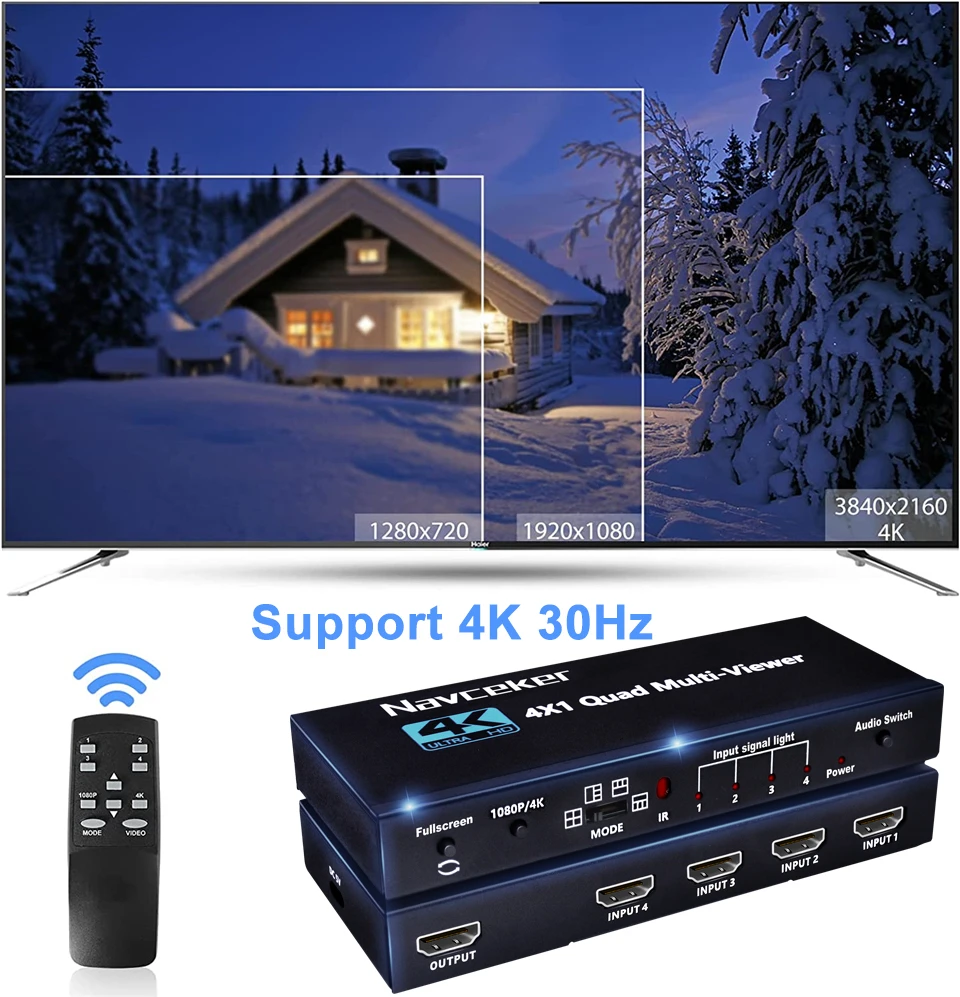 Navceker KVM HDMI-compatible Multiviewer 4K 4 In 1 Out 1080P Quad Screen Multi Viewer HDMI Multi-Viewer Seamless Switch with IR