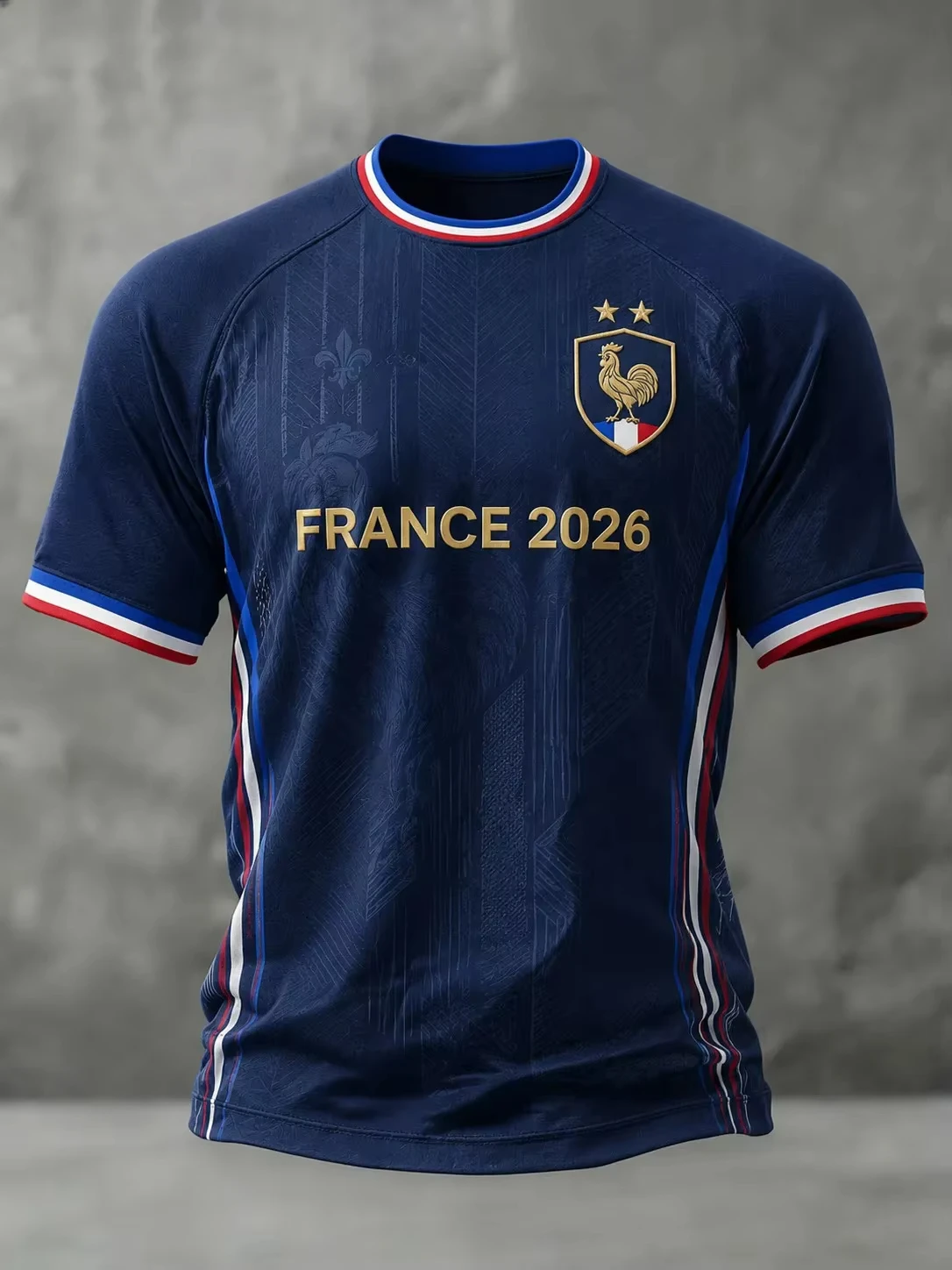 2026 new Crew neck France football jersey, navy textured fabric blue-white-red trim on collar & cuffs tricolor side stripes