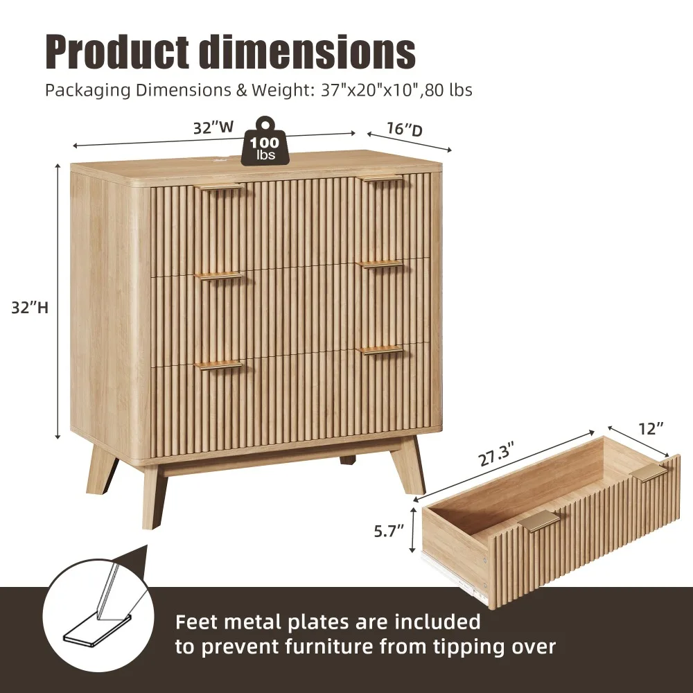 32” Tall Nightstands with Fast Charging Station, 32” Wide Fluted Night Stand with 3 Large Drawers, Modern End Table