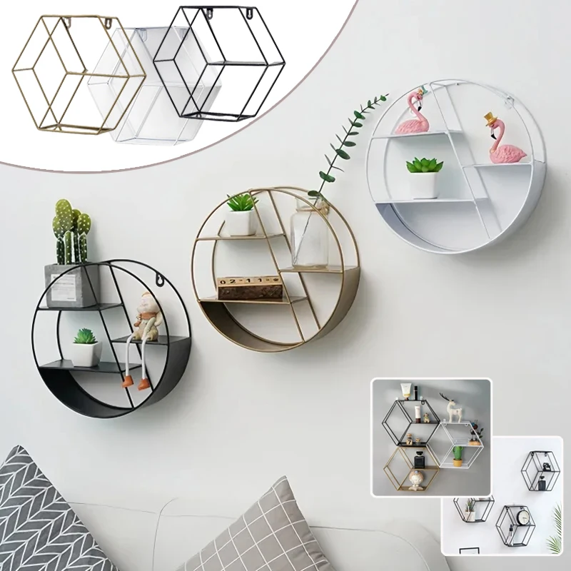 

Modern Metal Wall Shelf Wall Mounted Floating/Decorative Shelve Creative Hexagon/Circle Storage Rack Home Decorative Shelve 장식