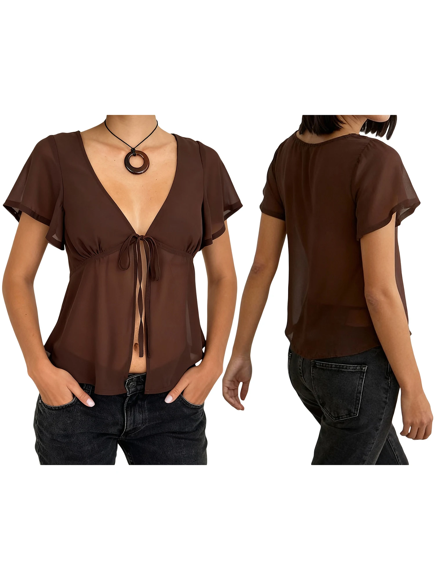 Stylish Women s Sheer T-shirt with Tie Front Detail and Deep V Neckline Perfect for Summer Days and Trendy Outfits