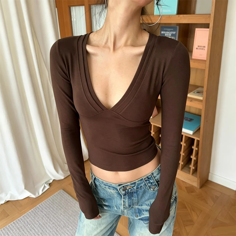 Vintage Chic Women's Deep V Neck Long Sleeve T-shirt, Slim Fit Stretchy Multi-color Crop Top