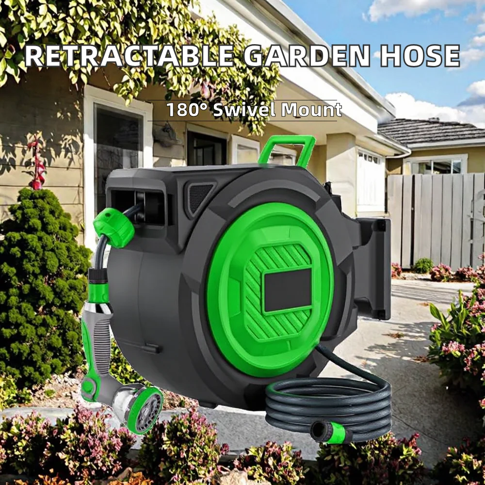 Retractable PVC Garden Hose Reel 1/2'' X 100ft Wall Mounted 180 Swivel Bracket 10-Pattern Nozzle Automatic Slow Return System